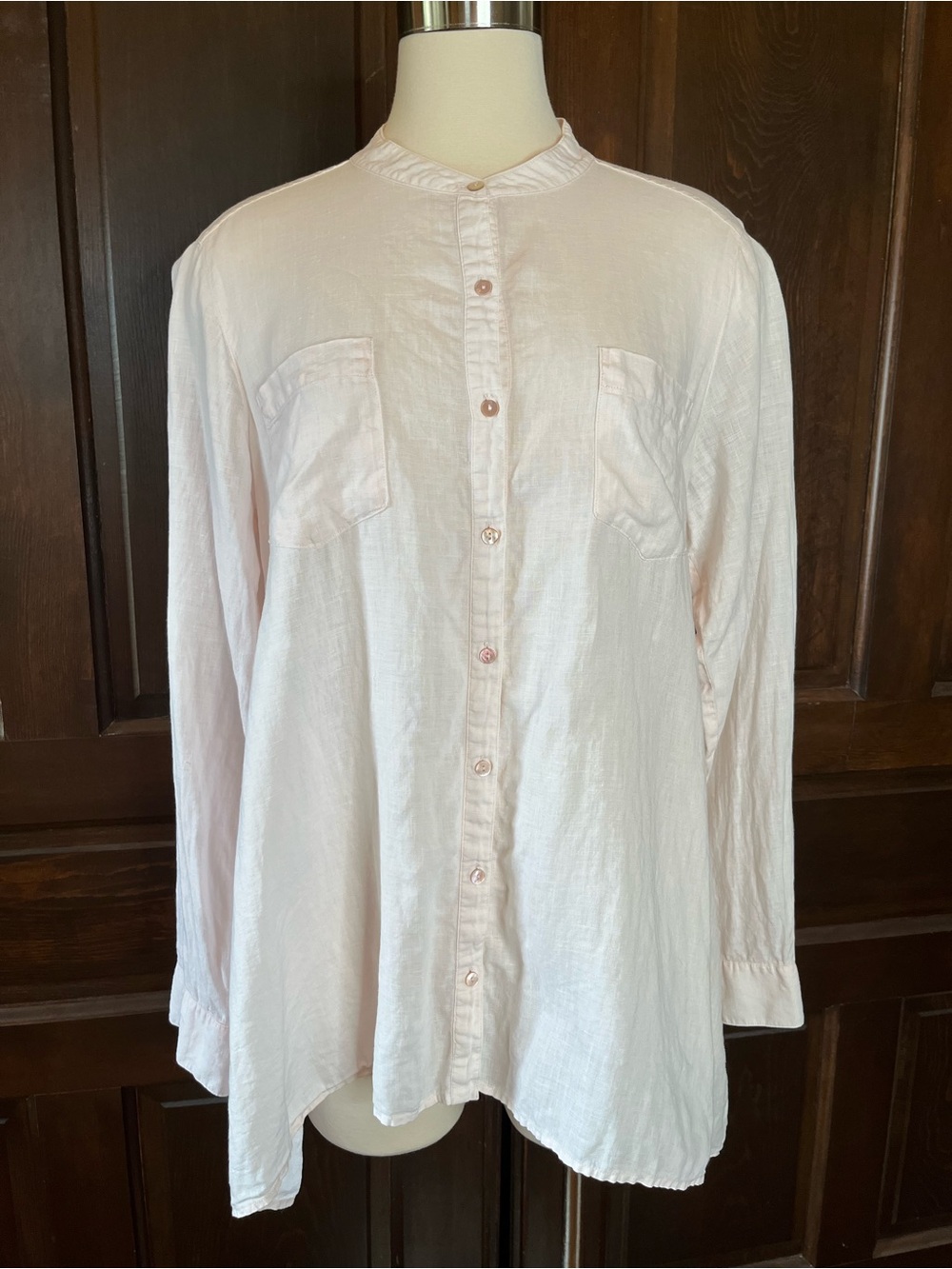 Eileen Fisher Organic Irish Linen Tunic Top Pale Pink Band Collar Women's M USA